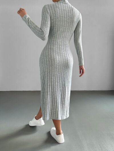 Ribbed Mock Neck Long Sleeve Midi Sweater Dress - Body By J'ne