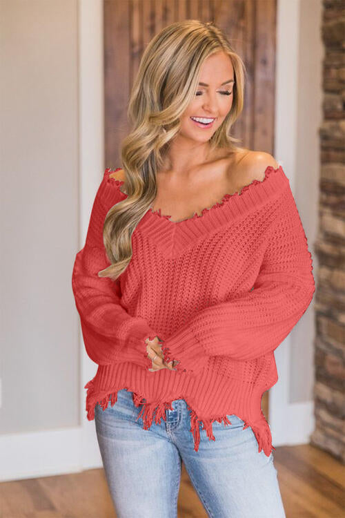 Frayed Hem Dropped Shoulder Sweater - Body By J'ne