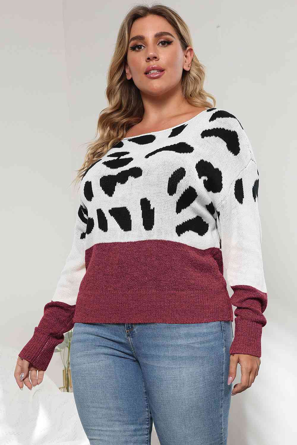 Plus Size Leopard Round Neck Long Sleeve Sweater - Body By J'ne