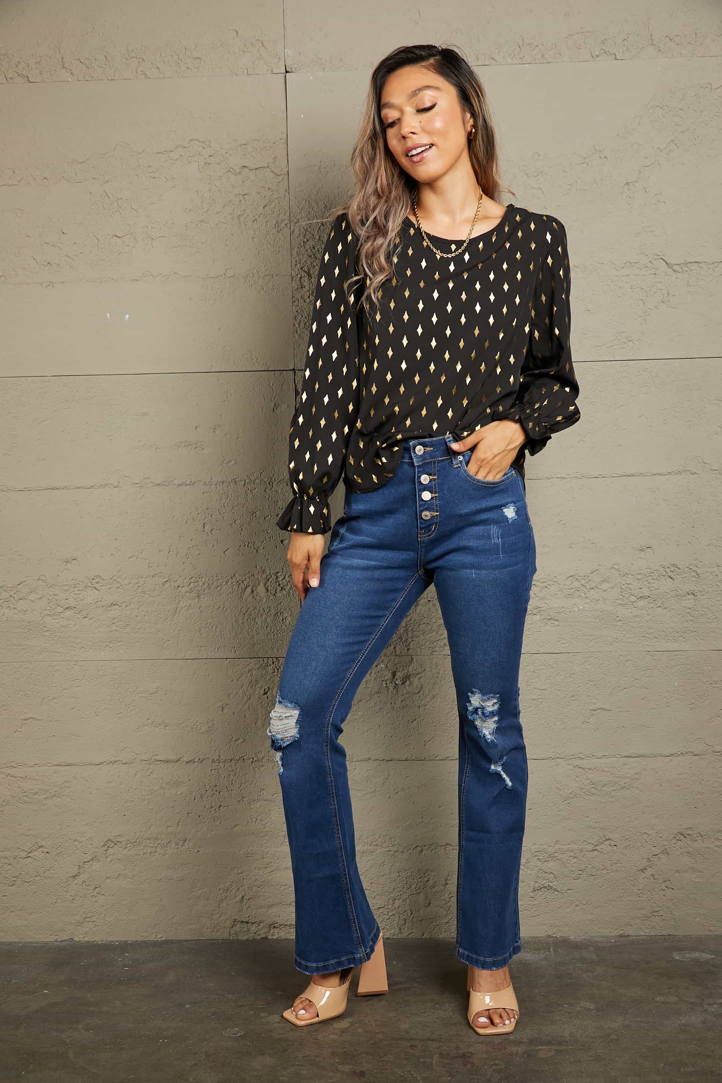 Printed Round Neck Flounce Sleeve Blouse - Body By J'ne