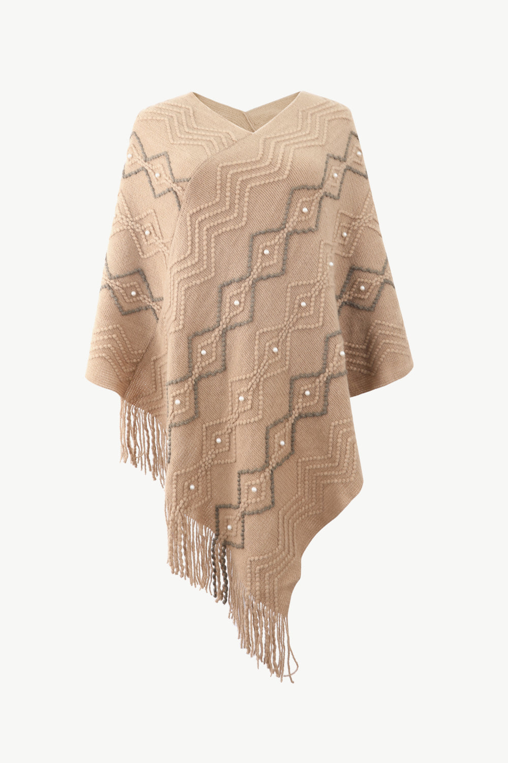 Pearl Trim V-Neck Fringe Hem Poncho - Body By J'ne