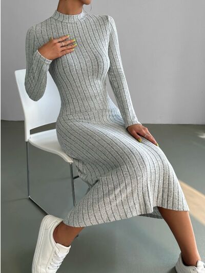 Ribbed Mock Neck Long Sleeve Midi Sweater Dress - Body By J'ne