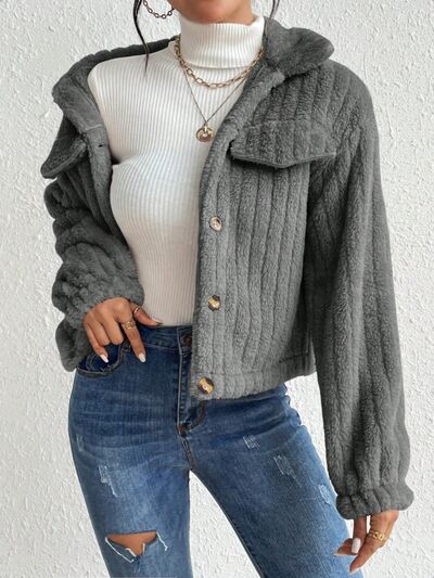 Fuzzy Button Up Collared Neck Jacket - Body By J'ne