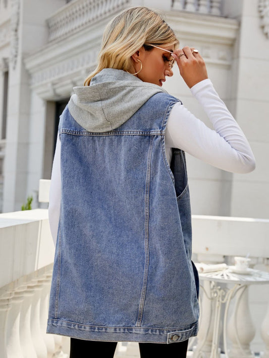 Drawstring Hooded Sleeveless Denim Top with Pockets - Body By J'ne