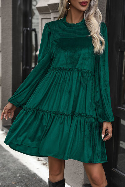 Smocked Balloon Sleeve Frill Trim Tiered Dress - Body By J'ne