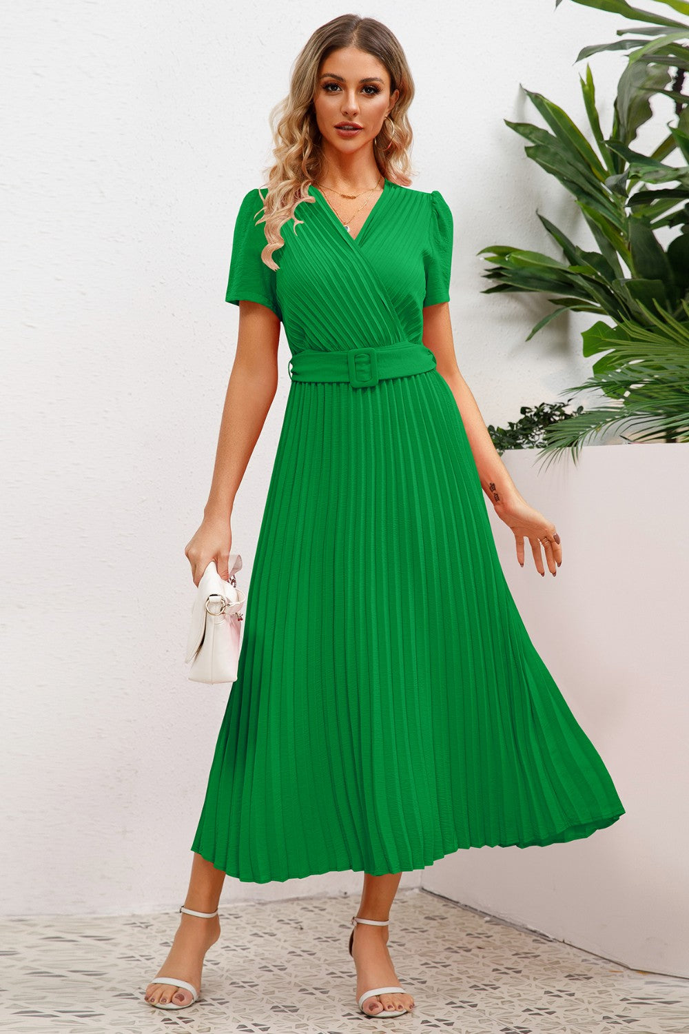 Pleated Surplice Short Sleeve Midi Dress - Body By J'ne