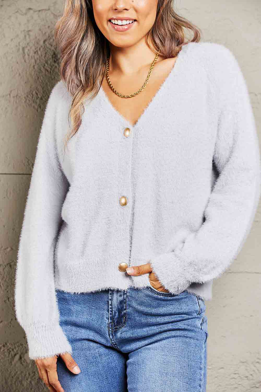 Fuzzy Long Sleeve Button Down Cardigan - Body By J'ne