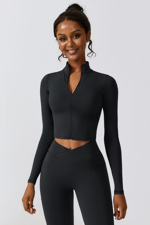 Zip Up Long Sleeve Cropped Active Top - Body By J'ne