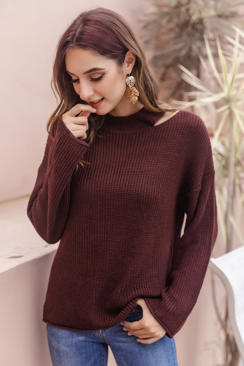 Round Neck Cutout Dropped Shoulder Sweater - Body By J'ne