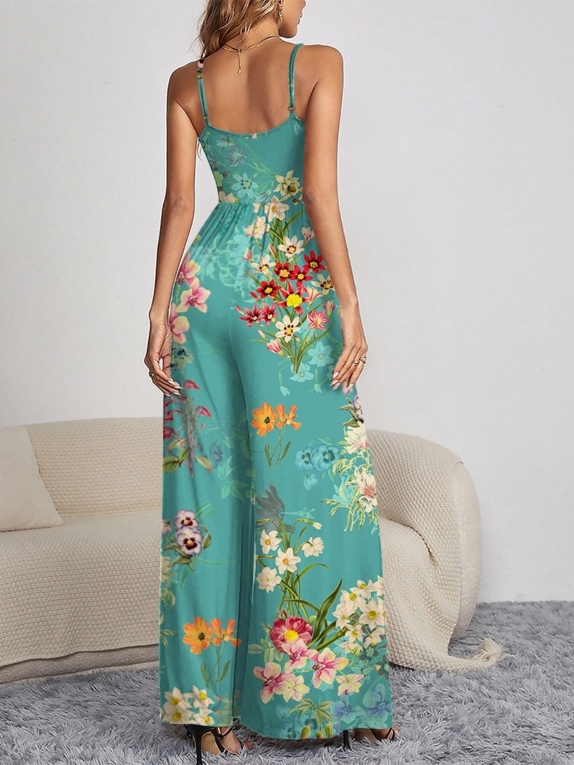 Decorative Button Spaghetti Strap Wide Leg Jumpsuit - Body By J'ne