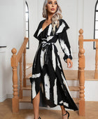 Printed Tie Front Ruffle Trim Long Sleeve Dress - Body By J'ne