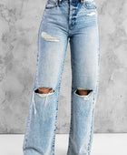 Sky Blue Distressed Hollow-Out Knees Wide Leg Jeans - Body By J'ne