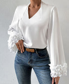 Lettuce Hem V-Neck Long Sleeve Blouse - Body By J'ne