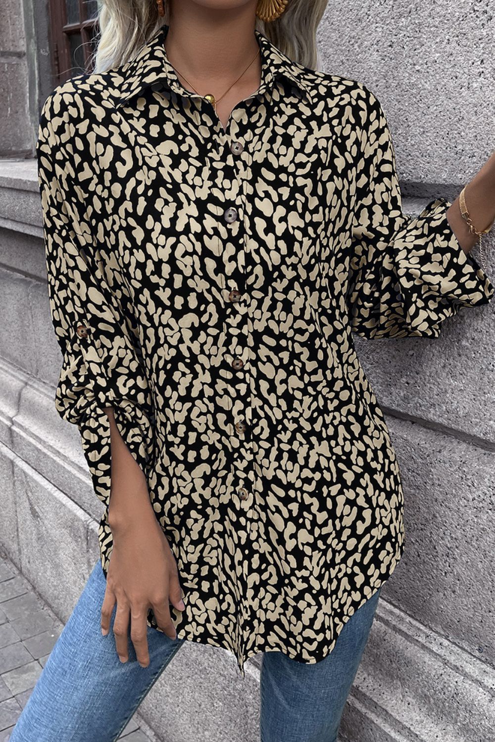Leopard Roll-Tap Sleeve Shirt - Body By J'ne