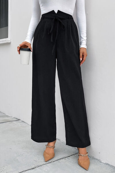 High Waist Ruched Tie Front Wide Leg Pants - Body By J'ne