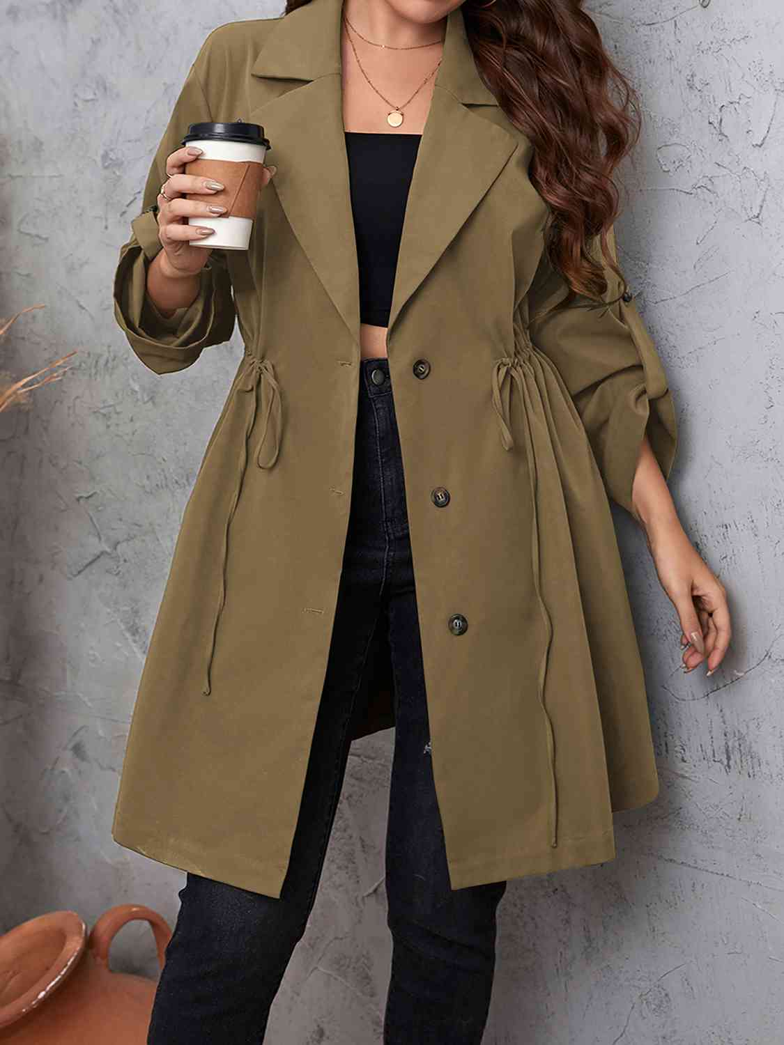 Plus Size Lapel Collar Drawstring Roll-Tab Sleeve Trench Coat - Body By J'ne