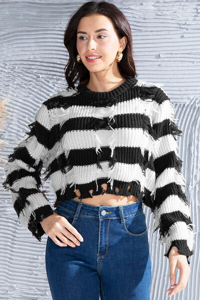 Striped Fringe Round Neck Sweater - Body By J'ne