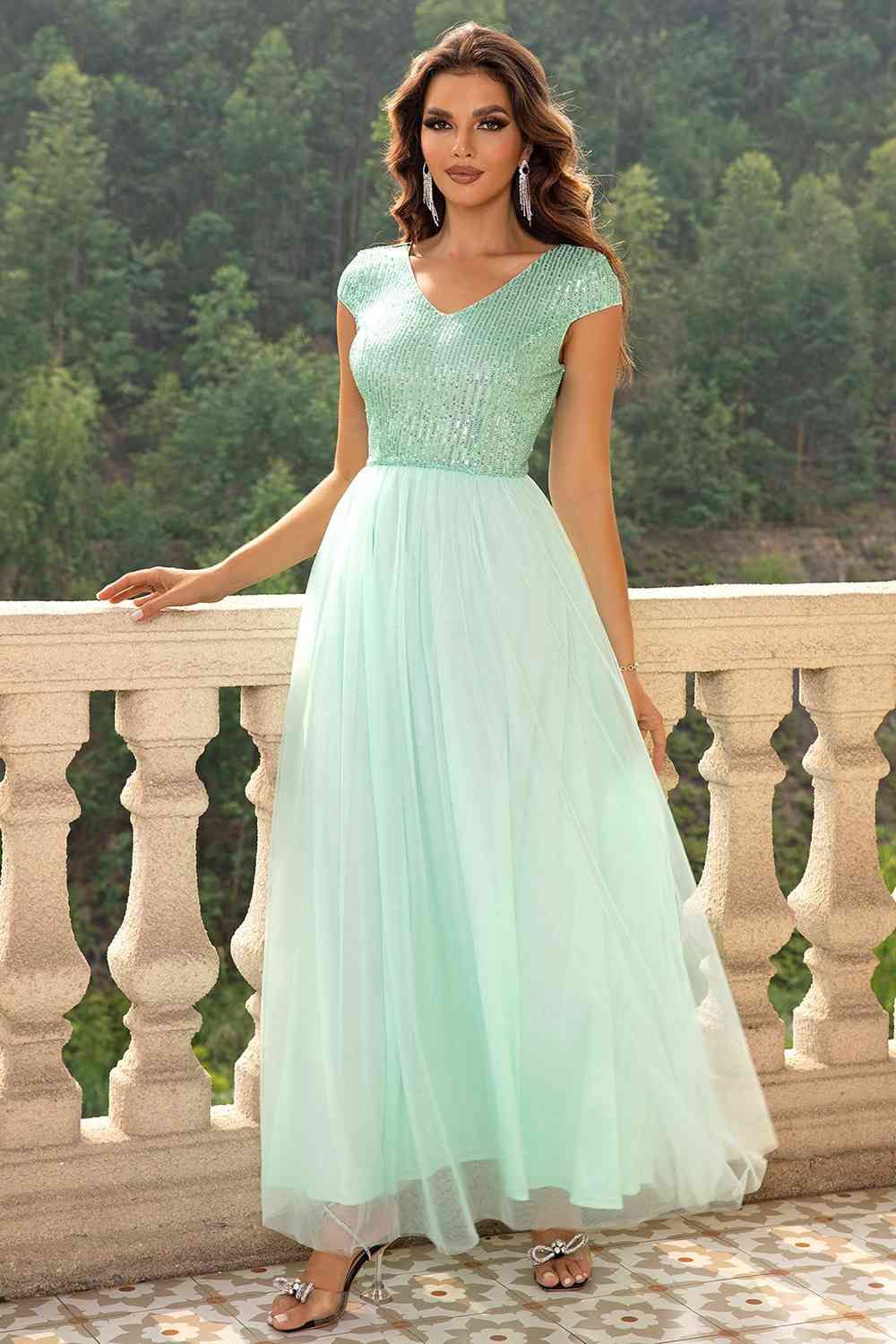 Sequin V-Neck Mesh Maxi Dress - Body By J'ne