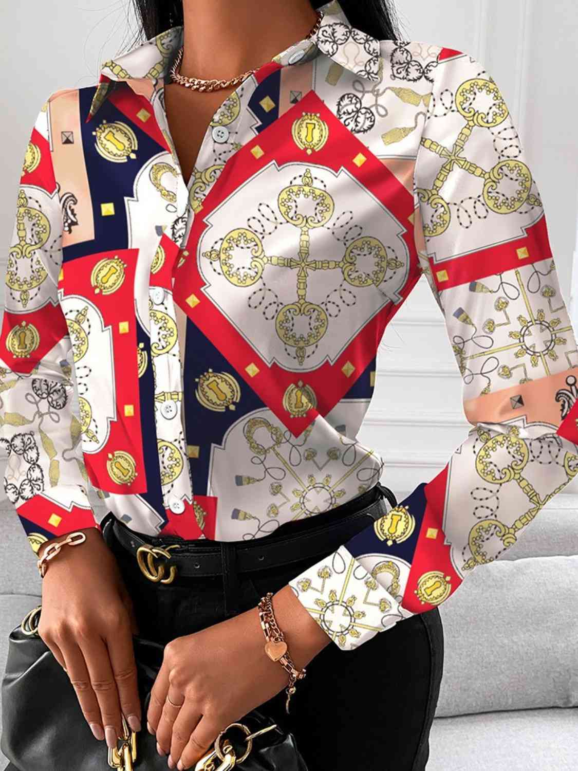 Printed Collared Neck Long Sleeve Shirt - Body By J'ne