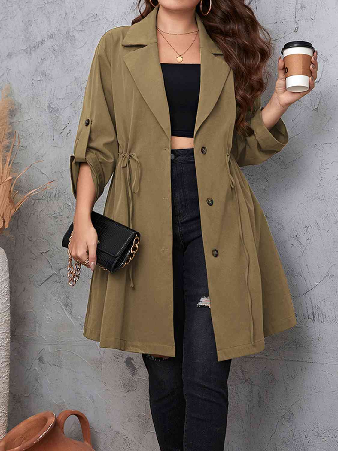 Plus Size Lapel Collar Drawstring Roll-Tab Sleeve Trench Coat - Body By J'ne