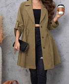 Plus Size Lapel Collar Drawstring Roll-Tab Sleeve Trench Coat - Body By J'ne