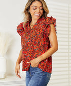 Floral Flutter Sleeve Notched Neck Blouse - Body By J'ne