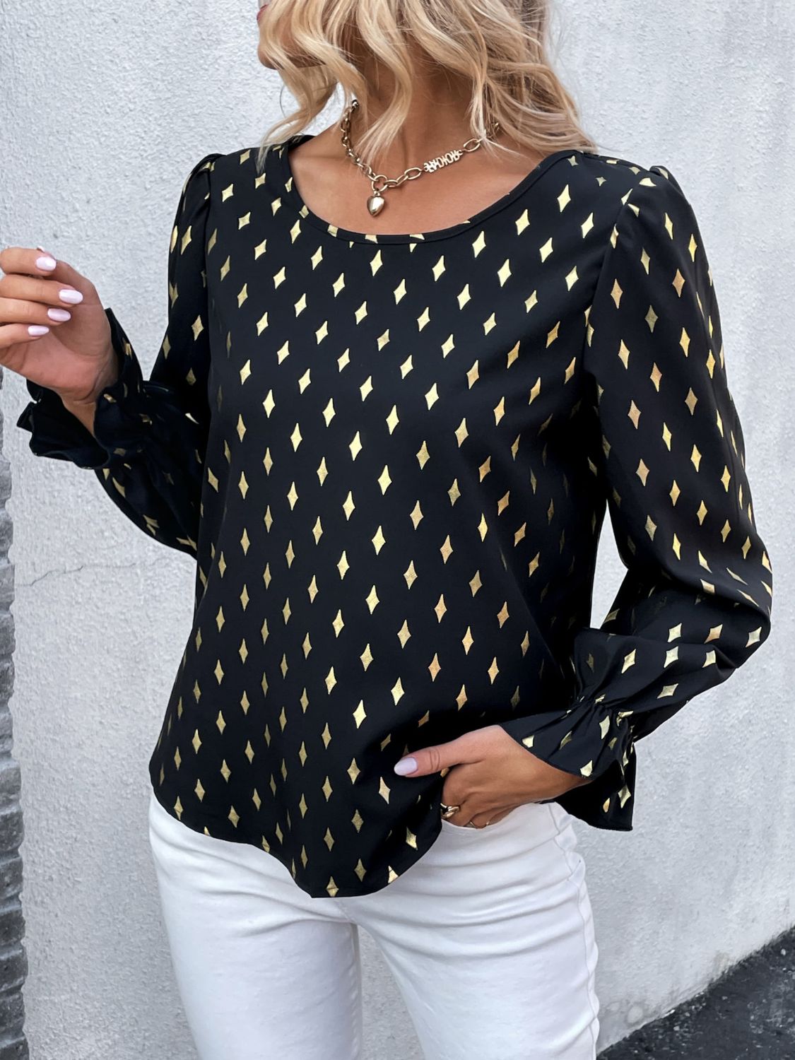 Printed Round Neck Flounce Sleeve Blouse - Body By J'ne