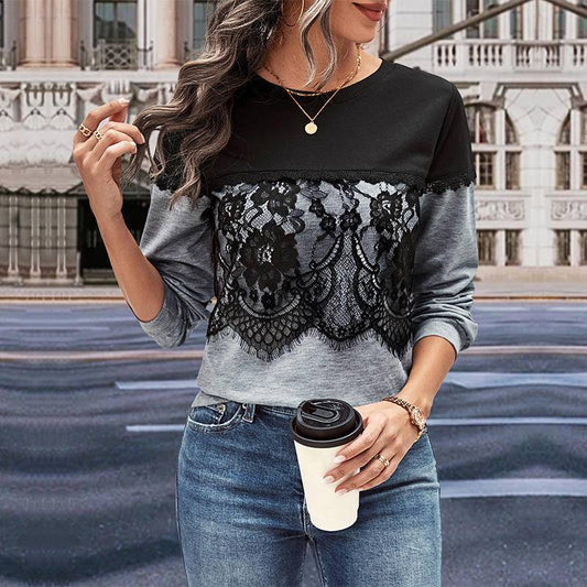 Floral Lace Contrast Round Neck Sweatshirt - Body By J'ne