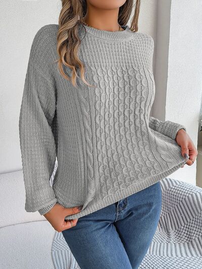 Cable-Knit Round Neck Long Sleeve Sweater - Body By J'ne