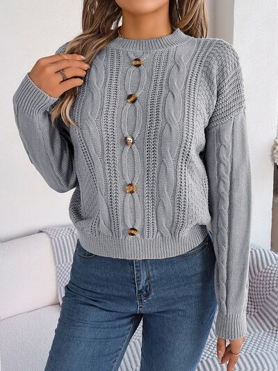 Cable-Knit Buttoned Round Neck Sweater - Body By J'ne