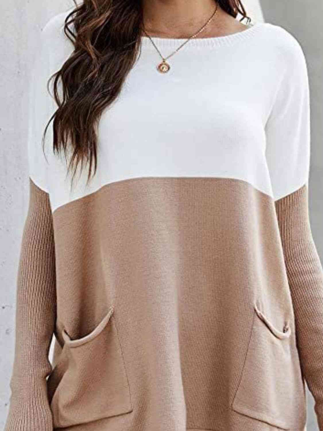 Two Tone Pullover Sweater with Pockets - Body By J'ne