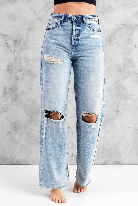 Sky Blue Distressed Hollow-Out Knees Wide Leg Jeans - Body By J'ne