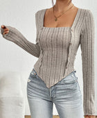 Ribbed Decorative Button Long Sleeve T-Shirt - Body By J'ne