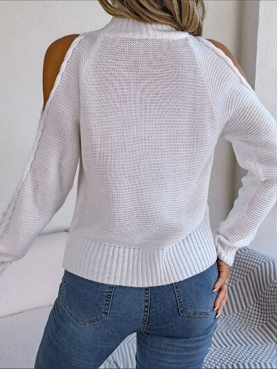 Cable-Knit Turtleneck Cold Shoulder Sweater - Body By J'ne