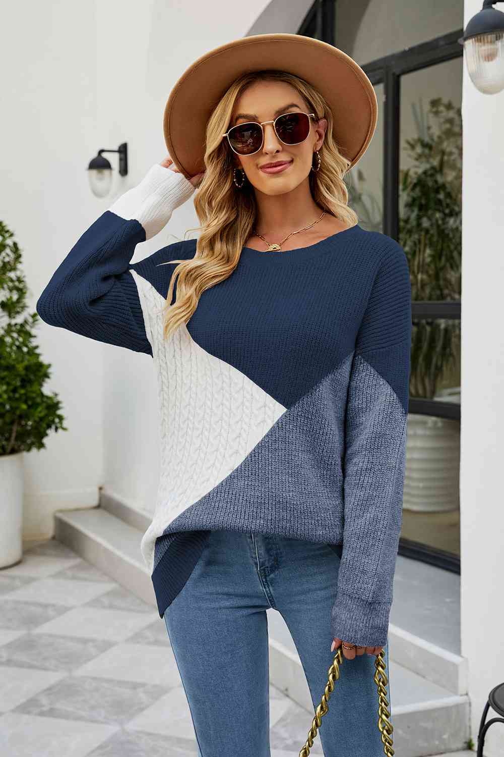 Color Block Round Neck Sweater - Body By J'ne