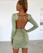 Solid Square Neck Long Sleeve Ruched Back Lace-up Tube Dress - Body By J'ne