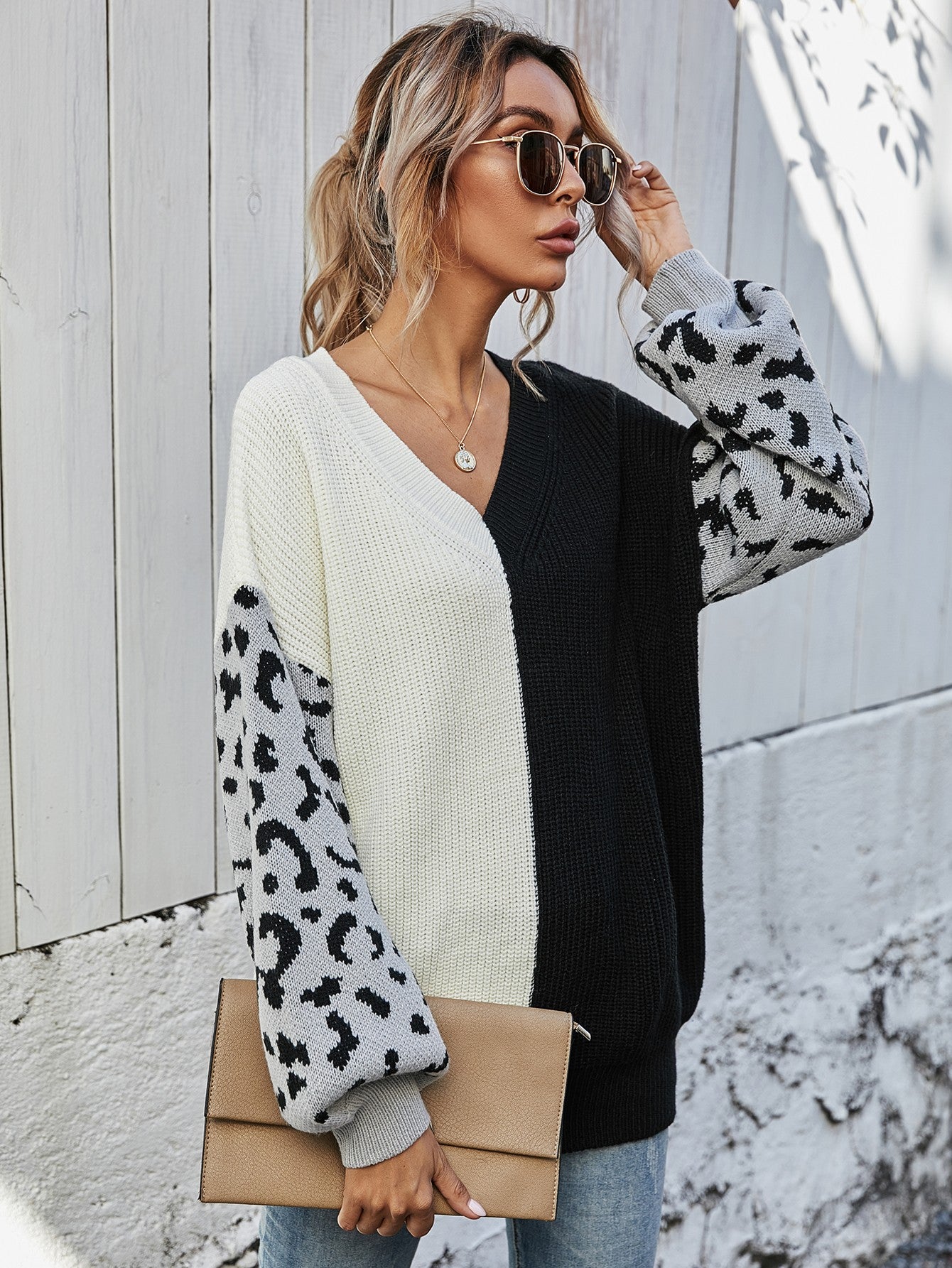 Leopard Color Block V-Neck Tunic Pullover Sweater - Body By J'ne