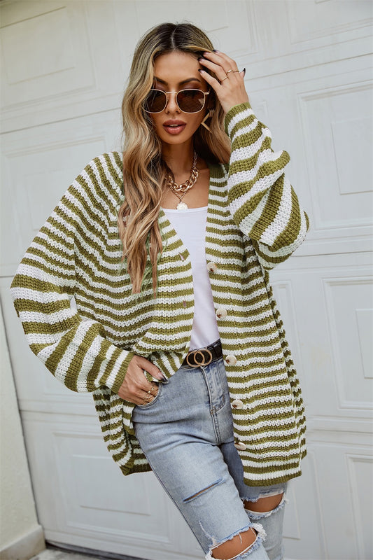 Striped Button Up Long Sleeve Cardigan - Body By J'ne