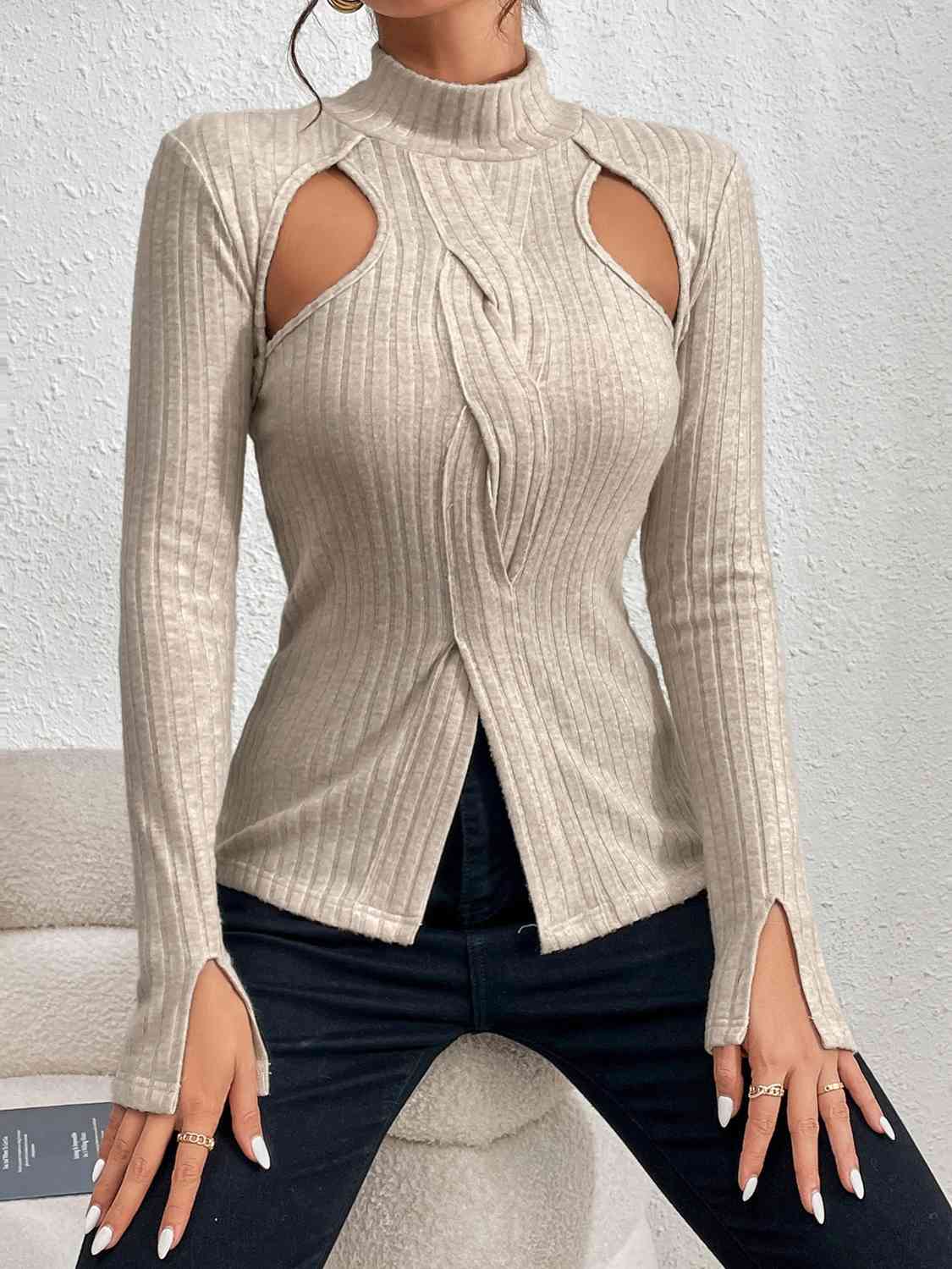 Cutout Mock Neck Long Sleeve Blouses - Body By J'ne