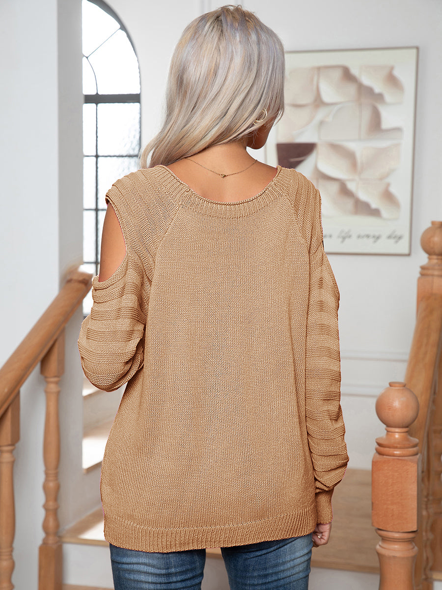 Decorative Button Cold-Shoulder Sweater - Body By J'ne