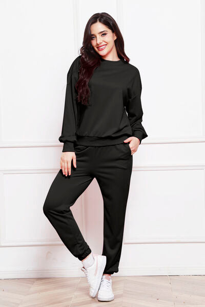 Round Neck Long Sleeve Sweatshirt and Pants Set - Body By J'ne