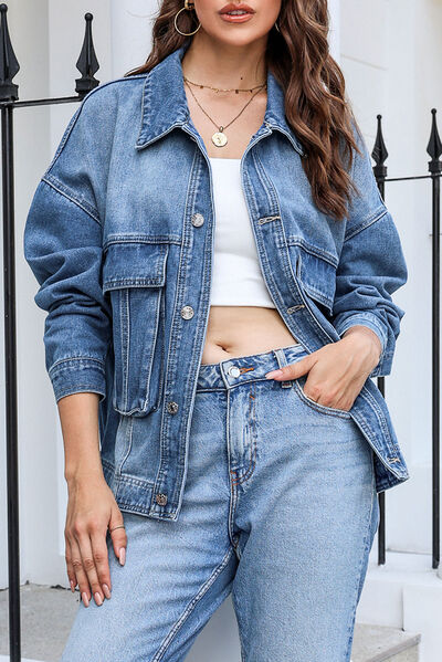 Button Up Dropped Shoulder Denim Jacket with Pockets - Body By J'ne