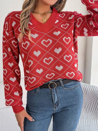 Heart Pattern V-Neck Long Sleeve Sweater - Body By J'ne