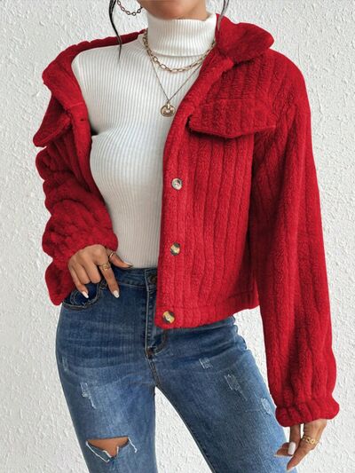 Fuzzy Button Up Collared Neck Jacket - Body By J'ne