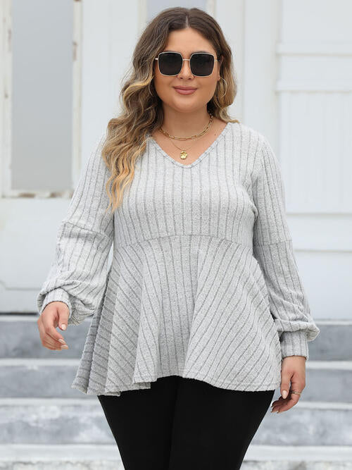 Plus Size Ribbed V-Neck Long Sleeve Blouse - Body By J'ne