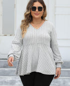 Plus Size Ribbed V-Neck Long Sleeve Blouse - Body By J'ne