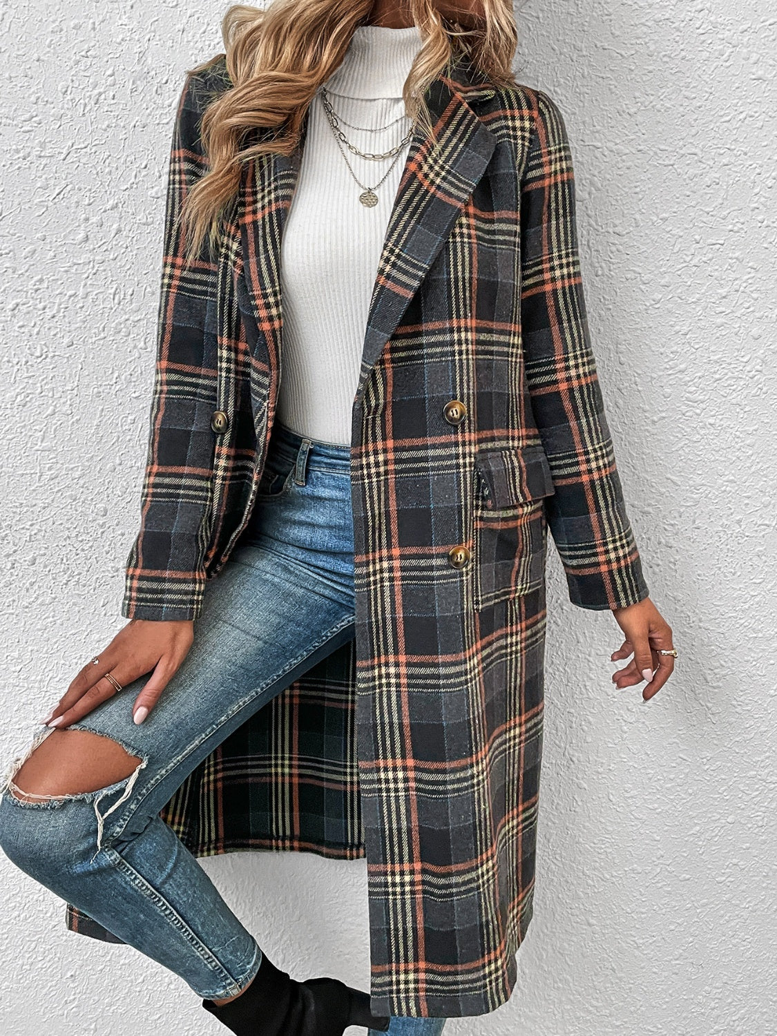 Plaid Lapel Collar Trench Coat - Body By J'ne