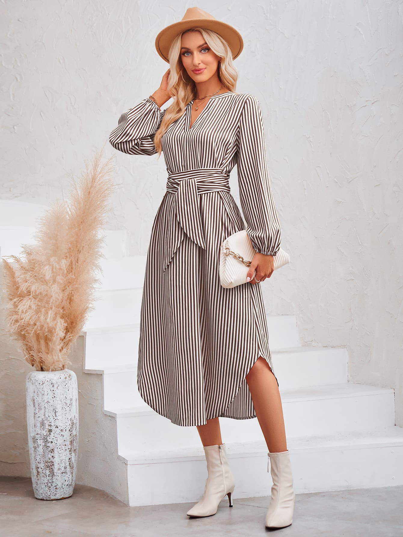 Striped Notched Neck Curved Hem Long Sleeve Dress - Body By J'ne