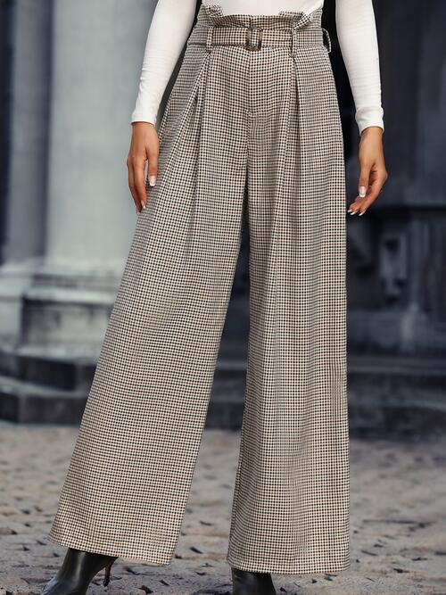 Plaid Wide Leg Pants With Belt - Body By J'ne