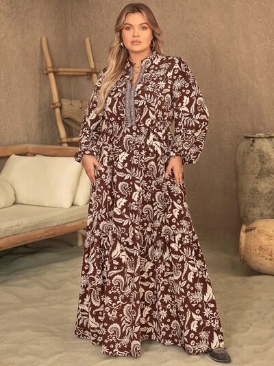Plus Size Notched Balloon Sleeve Printed Maxi Dress - Body By J'ne